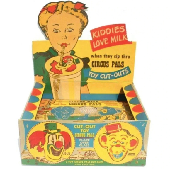 Circus Other - Vtg 7 Circus Pals Drinking Straws / Cut Out Toy (Jo-Jo, Maxie) Selling Display